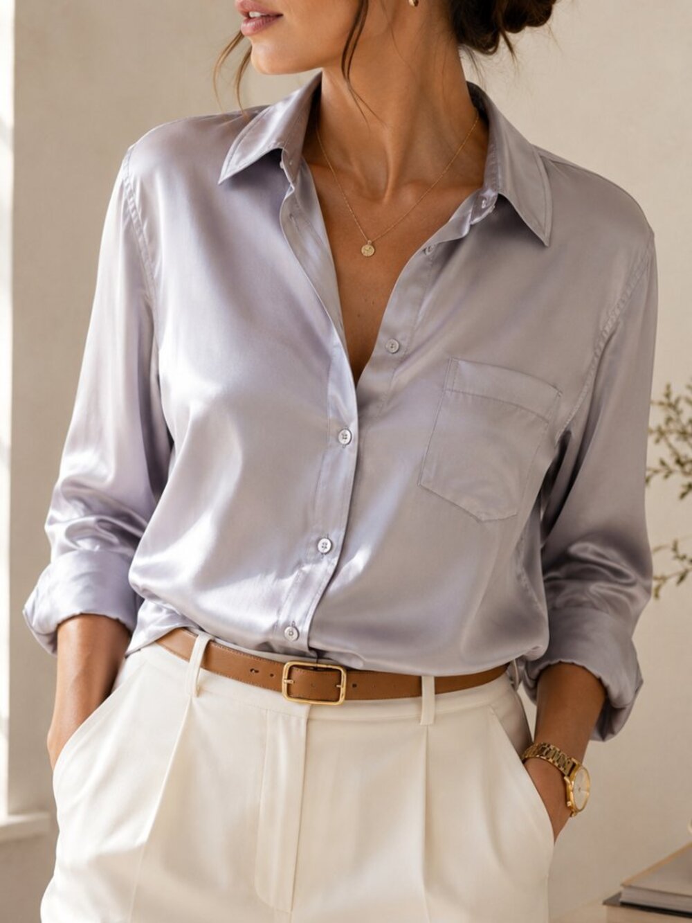 Equipment Femme Silk Button Down Shirt Silver Gray Long Sleeve Small
